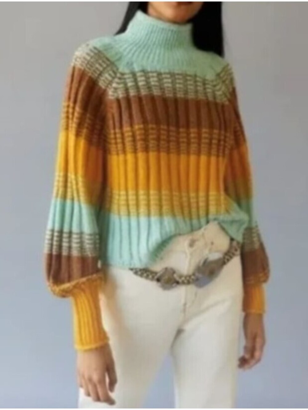 BDG blue yellow brown ribbed turtleneck cropped sweater sz XS